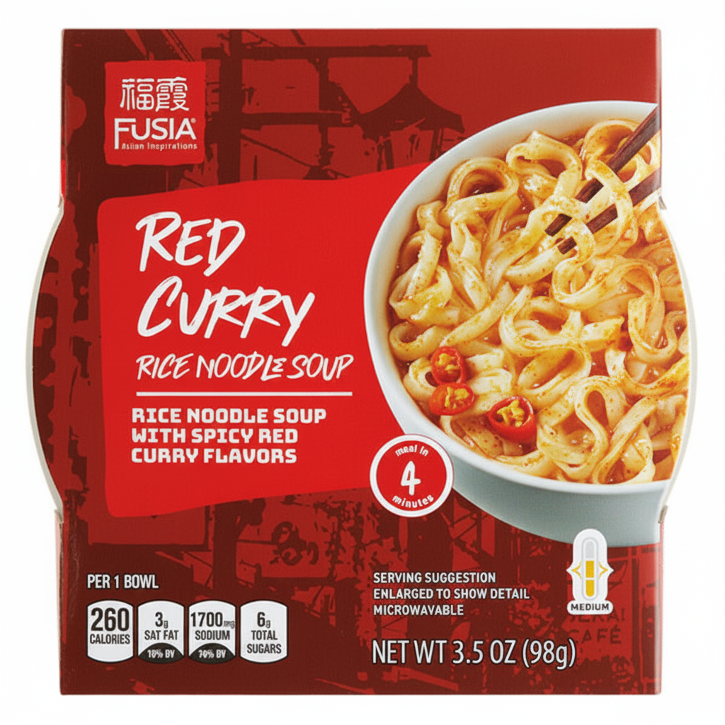 Fusia Asian Inspirations Red Curry Rice Noodle Soup 3.5 oz 260 calories medium spice microwavable meal in 4 minutes spicy red curry flavors rice noodles