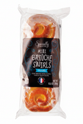 Specially Selected Mini Brioche Swirls Vanilla 8 count 10.6oz clear bag with dark brown label, teal Vanilla script, Imported from France badge and golden-orange glazed swirls