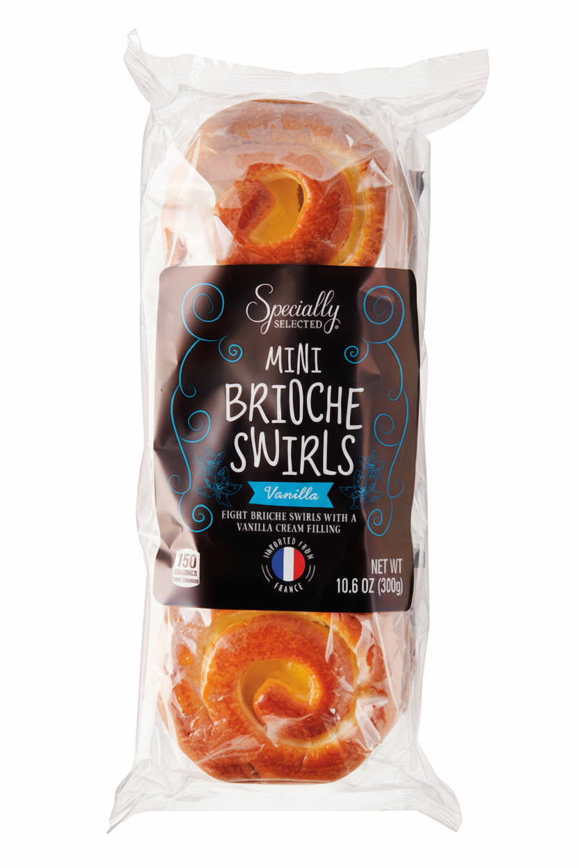 Specially Selected Mini Brioche Swirls Vanilla 8 count 10.6oz clear bag with dark brown label, teal Vanilla script, Imported from France badge and golden-orange glazed swirls