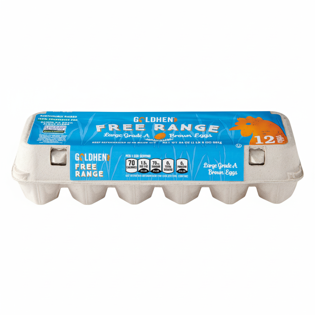 Goldhen Cage Free Large Grade A Brown Eggs 12 count carton with bright blue panel, orange rooster and sustainably raised claims