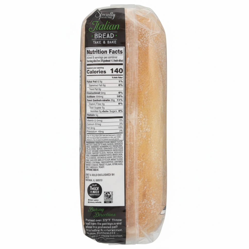 Specially Selected Italian Bread Take & Bake back label with nutrition facts 140 calories, ingredients, baking directions and ALDI Twice as Nice guarantee
