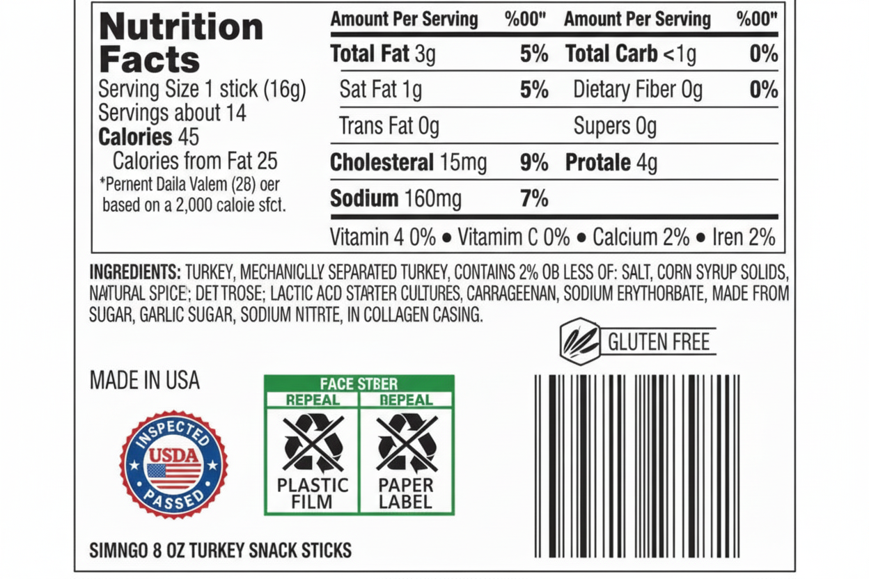 Simms Mild Smoked Snack Sticks nutrition facts and ingredients panel