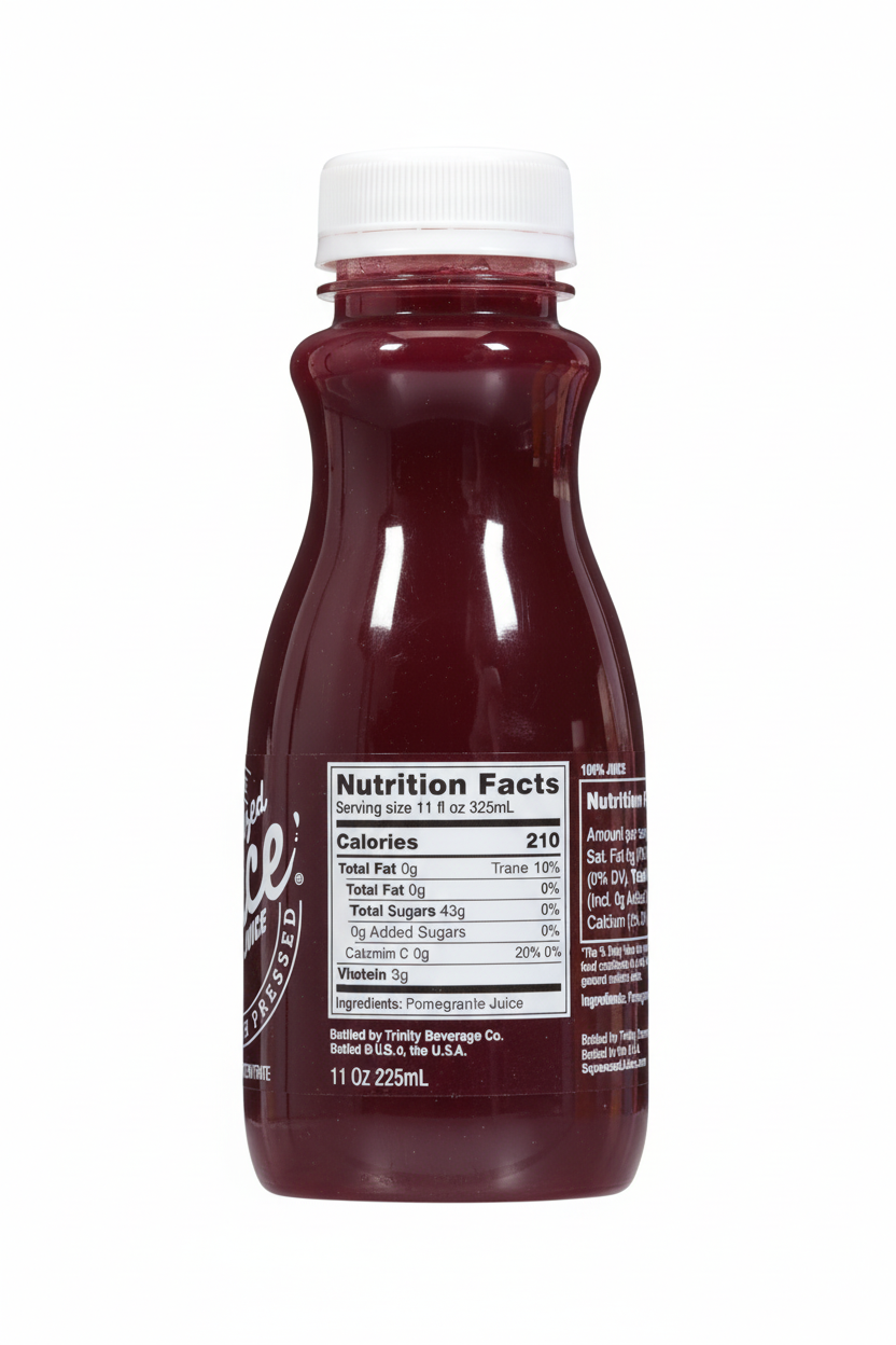 Squeezed Juice Pomegranate nutrition facts 210 calories 48g carbs 43g sugars 3g protein 20% DV potassium ingredients pomegranate juice