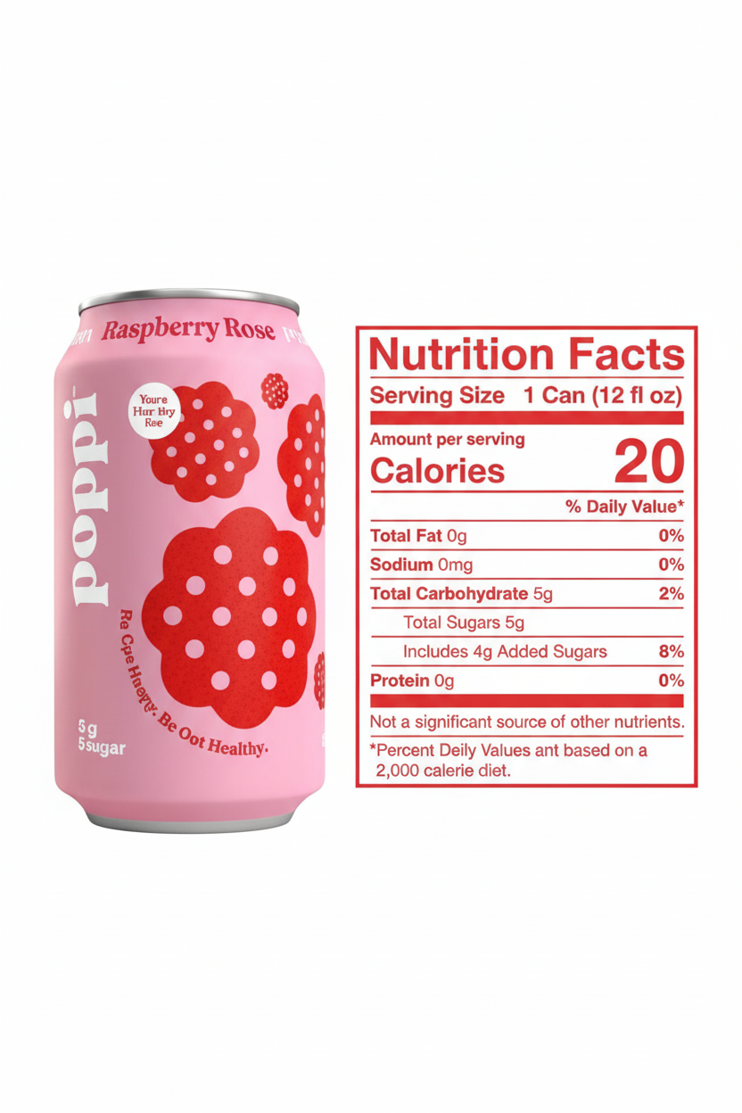 Poppi Raspberry Rose prebiotic soda nutrition facts 20 calories 5g sugar gluten free non-GMO