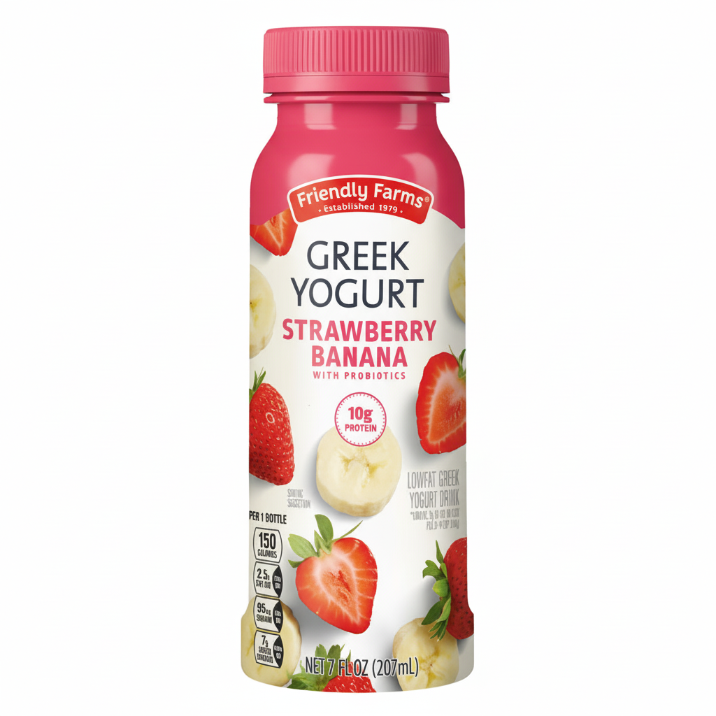 Friendly Farms Greek Yogurt Strawberry Banana Drinkable Yogurt 7 fl oz bottle with 10g protein badge and strawberry banana imagery