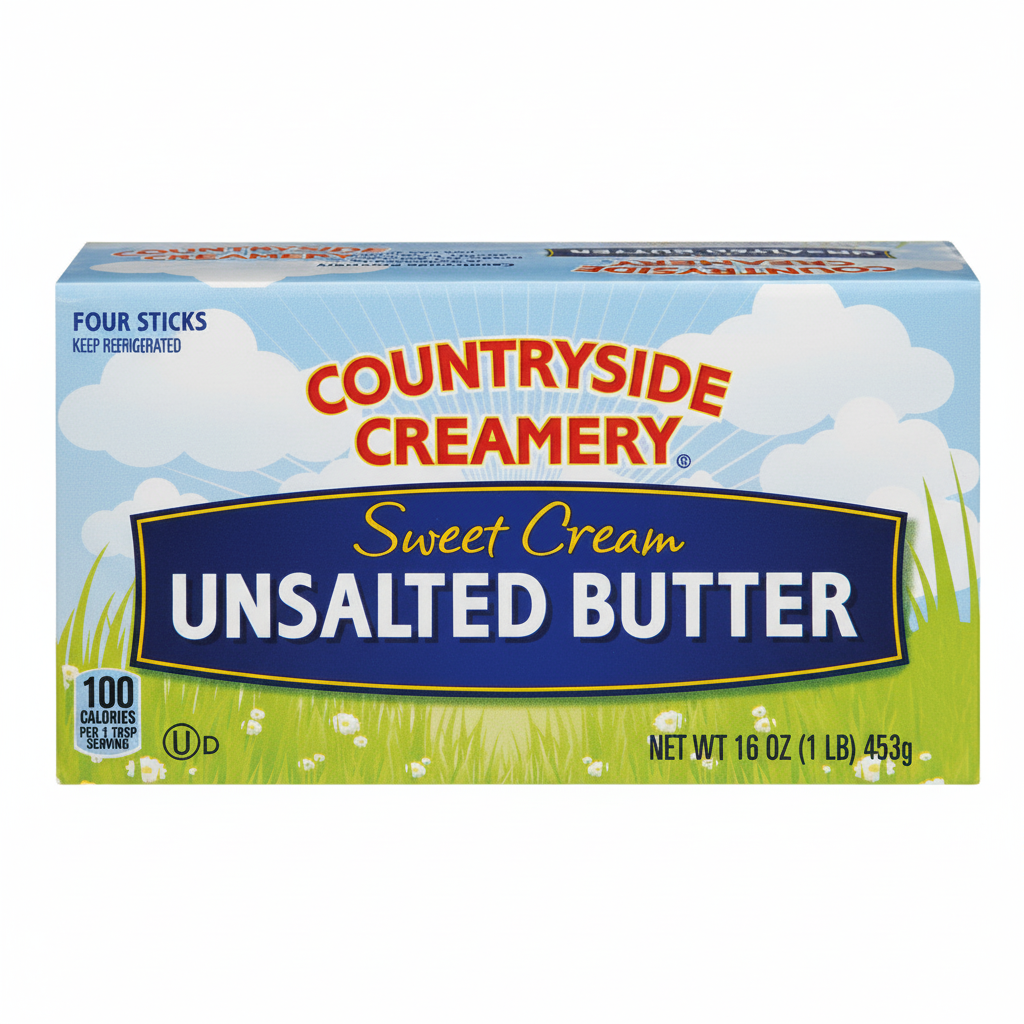 Countryside Creamery Sweet Cream Unsalted Butter 16oz four sticks box with blue sky and green grass design