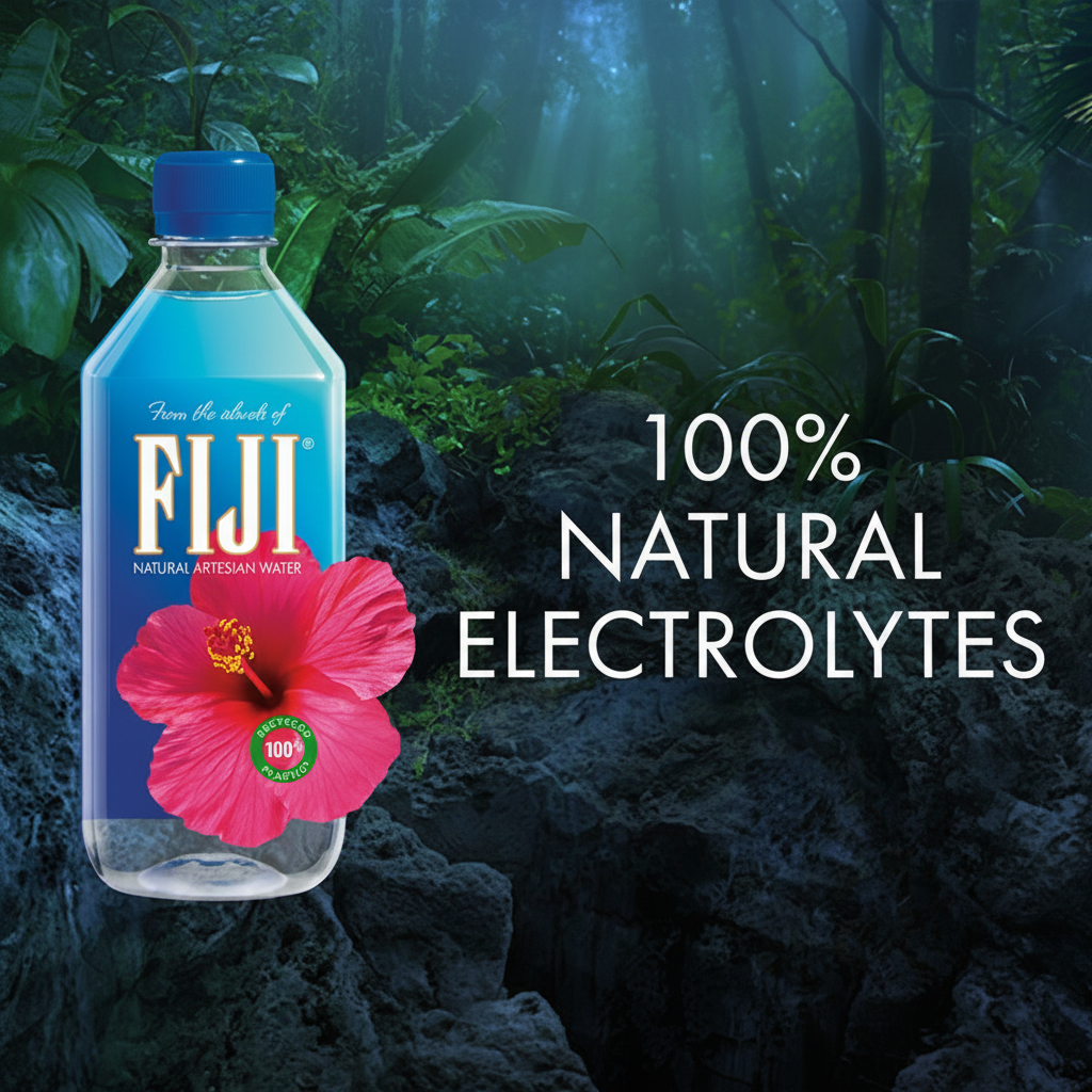 FIJI Natural Artesian Water bottle against tropical rainforest background with 100% Natural Electrolytes text