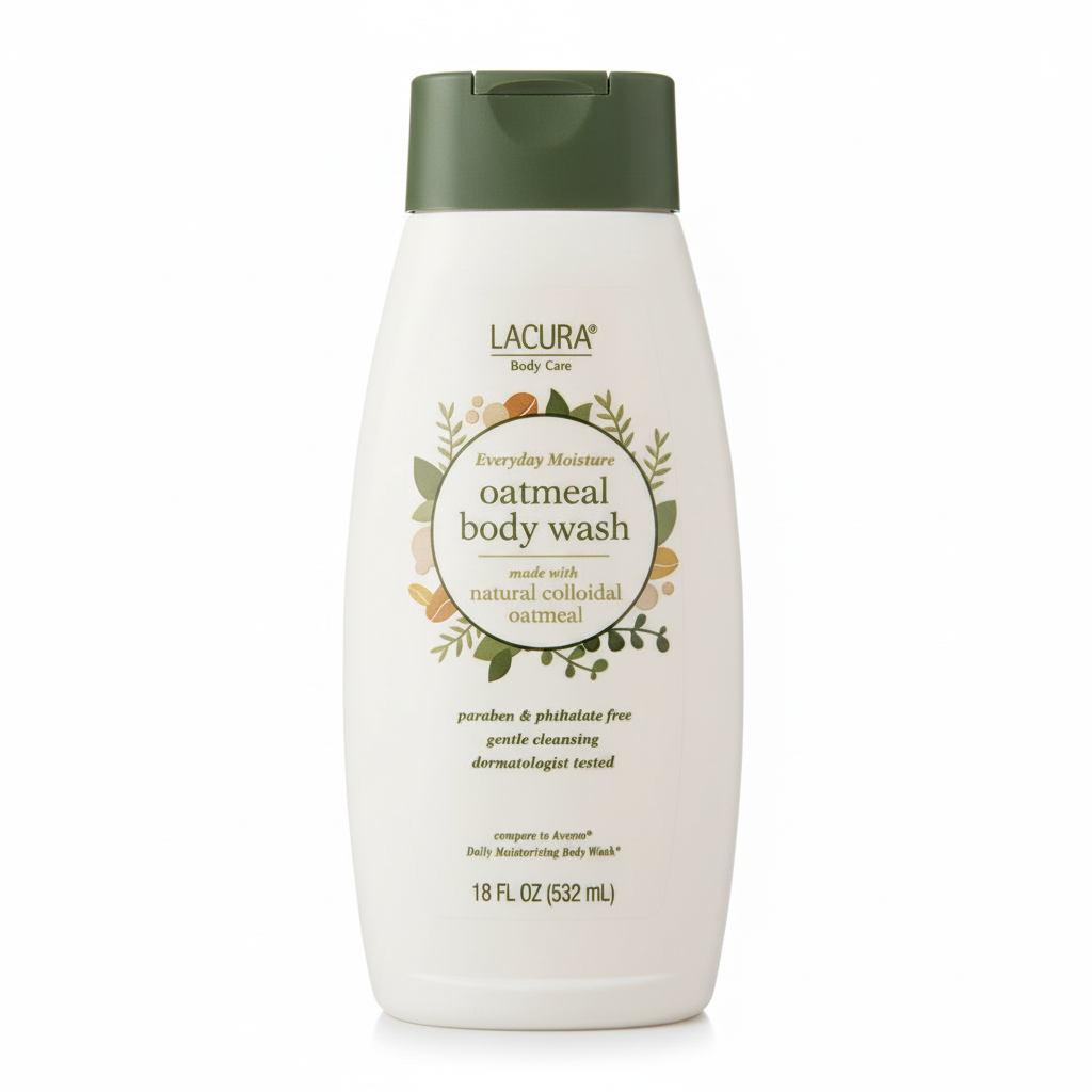 Lacura Oatmeal Body Wash 18 fl oz bottle with botanical label