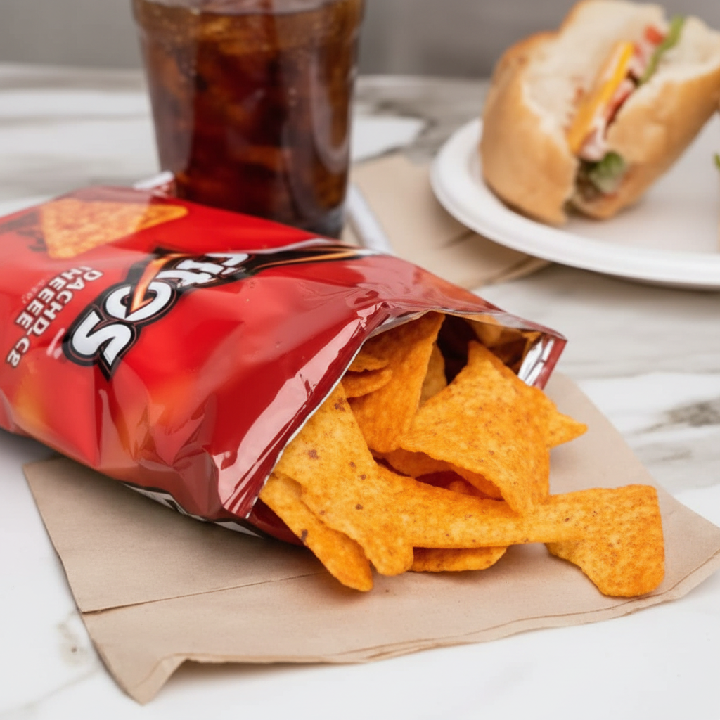Doritos Nacho Cheese chips spilling out of open bag with sandwich and drink