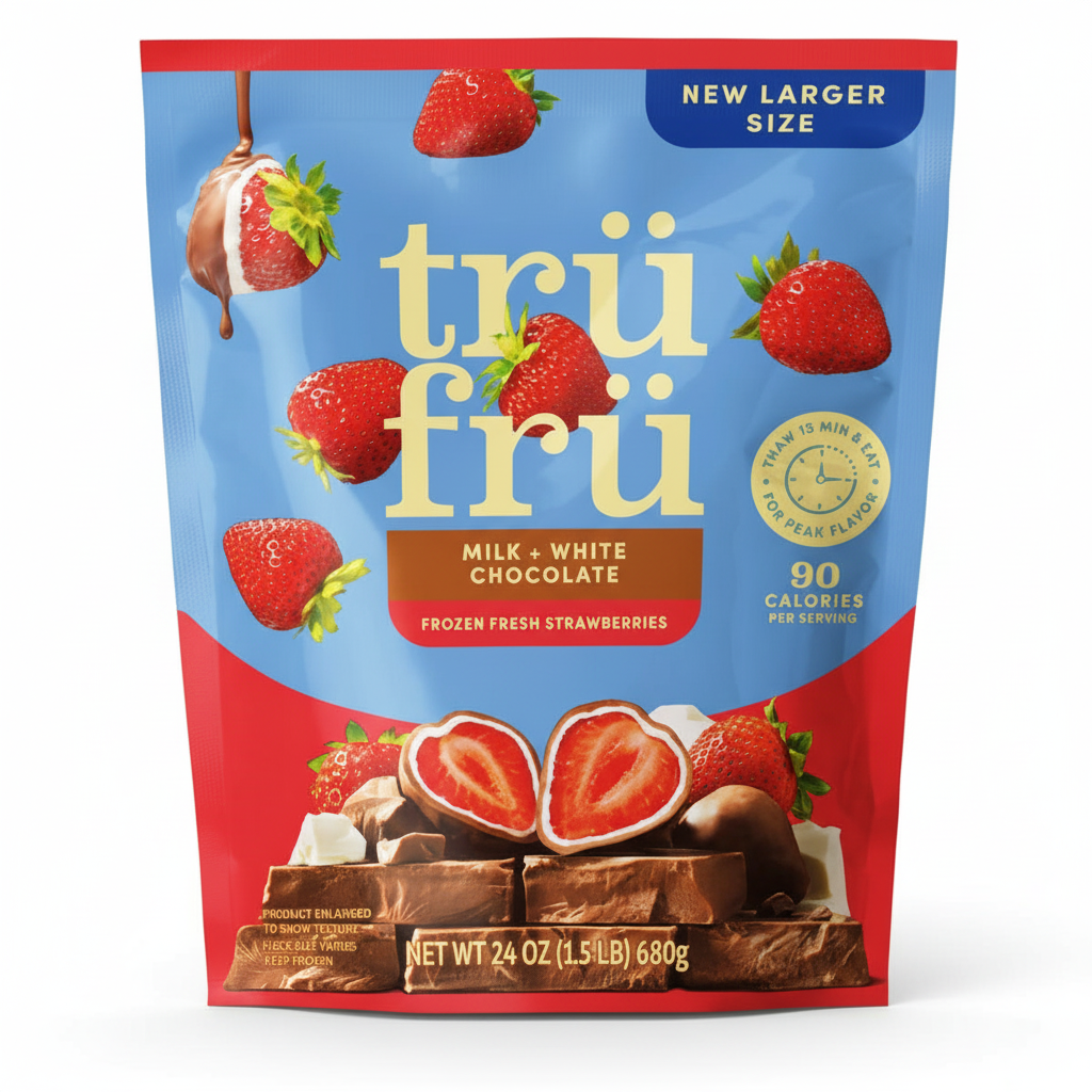 Tru Fru Milk and White Chocolate Frozen Strawberries 24 oz bag front view