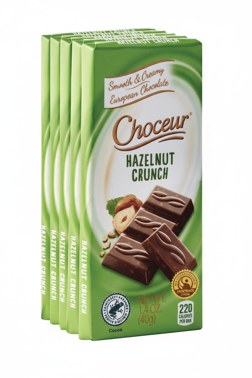 Choceur Hazelnut Crunch European milk chocolate bars 4-pack 1.4 oz 40g each 220 calories per bar roasted hazelnuts Rainforest Alliance Certified made in Germany