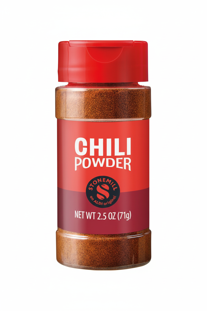 Stonemill Chili Powder 2.5 oz Clear Plastic Shaker Bottle Red Cap Bold Red Label ALDI Original