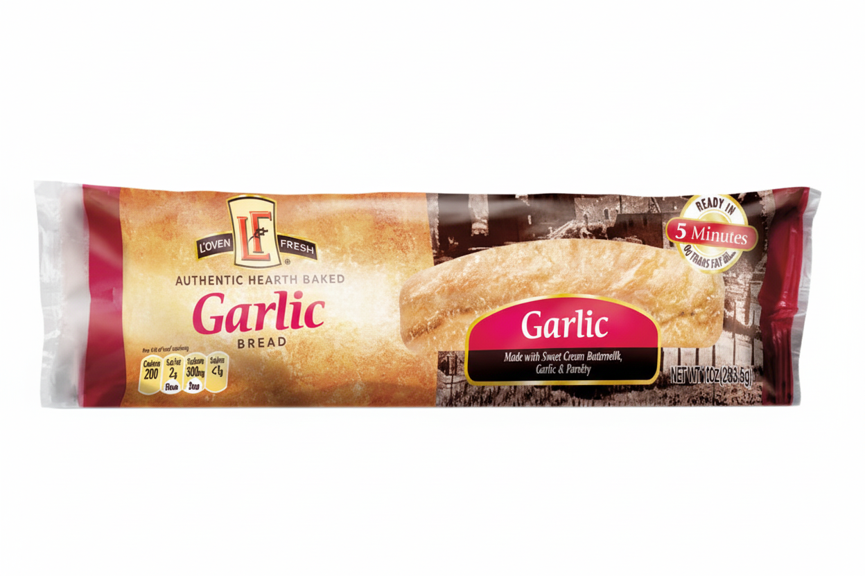 L'oven Fresh Authentic Hearth Baked Garlic Bread 10oz in golden-red packaging with LF logo, Garlic script, Ready in 5 Minutes badge and buttermilk garlic parsley claim