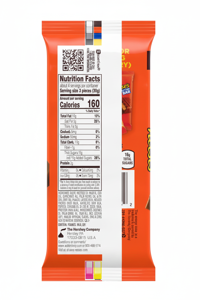Reese's Peanut Butter Bar XL nutrition facts 160 calories 10g fat 15g sugars 2g protein 4 servings per container 3 pieces per serving