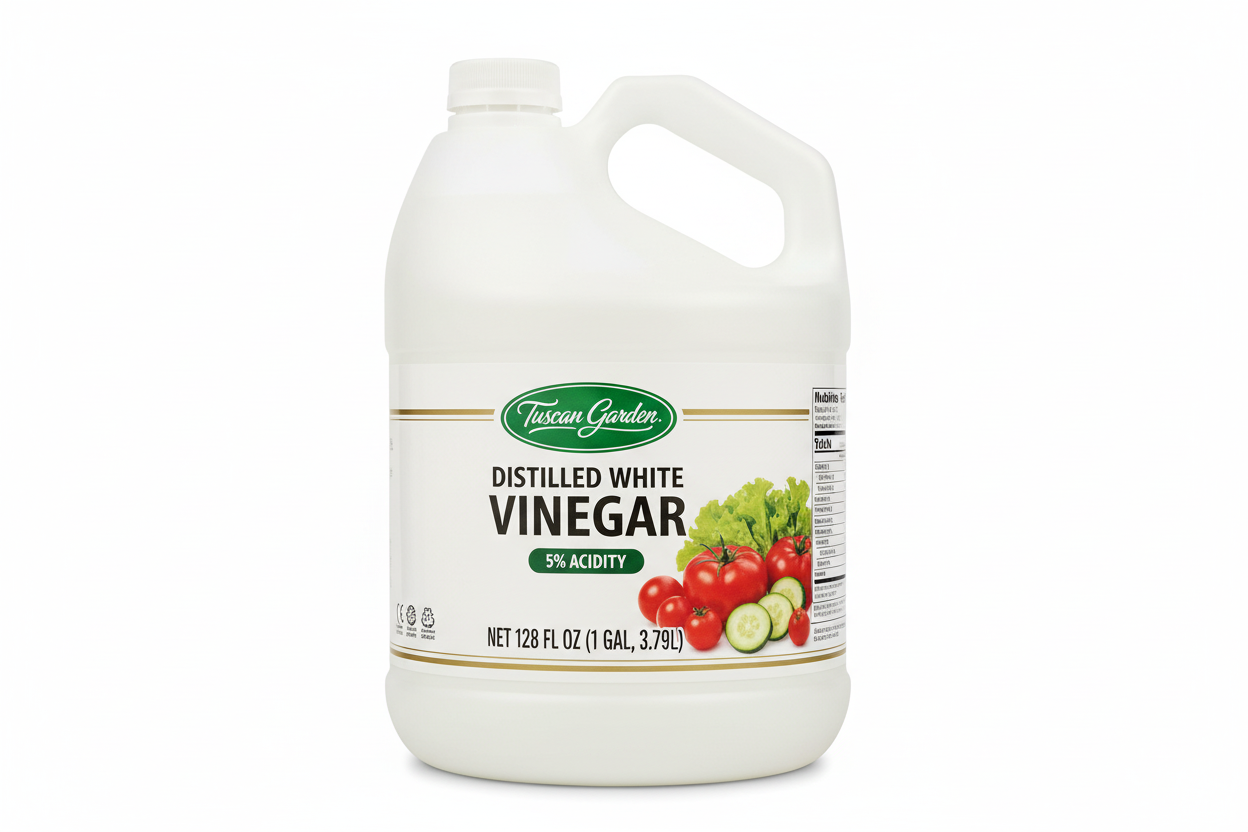 Tuscan Garden Distilled White Vinegar 128 fl oz 1 Gallon White Plastic Jug Green Badge Fresh Vegetables 5% Acidity