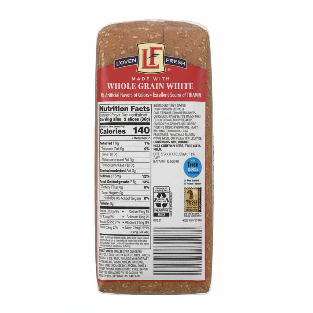 L'oven Fresh Made with Whole Grain White Bread 20oz back panel with nutrition facts, ingredients and No High Fructose Corn Syrup badge