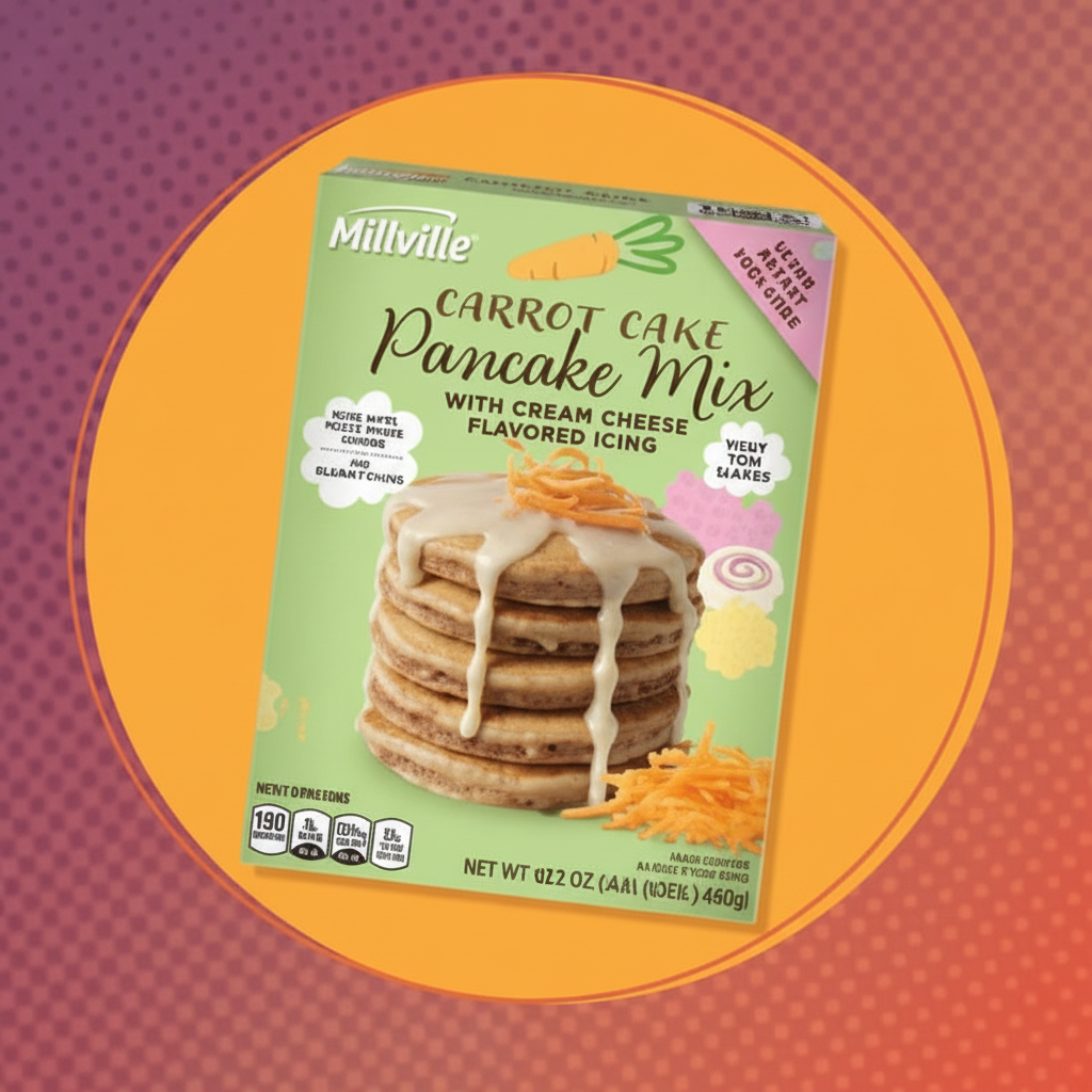 Millville Carrot Cake Pancake Mix 16.9oz box displayed against vibrant orange and pink gradient background