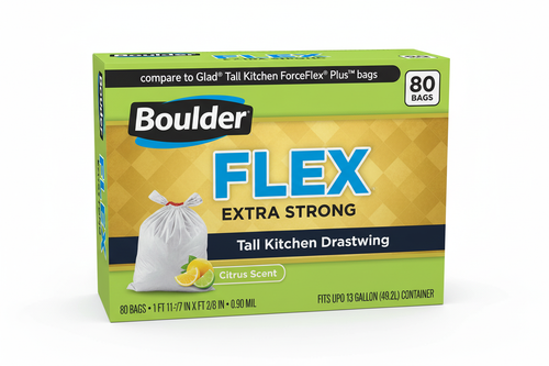 Boulder Flex Extra Strong Tall Kitchen Drawstring Bags Citrus Scent 80 Count 13 Gallon Compare to Glad ForceFlex Plus