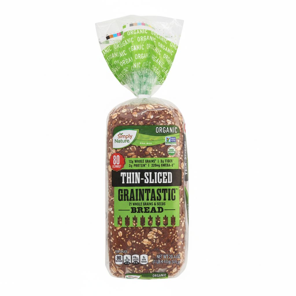 Simply Nature Organic Thin-Sliced Graintastic Bread 20.4oz with 21 whole grains and seeds, 80 calories, USDA Organic and Non-GMO verified