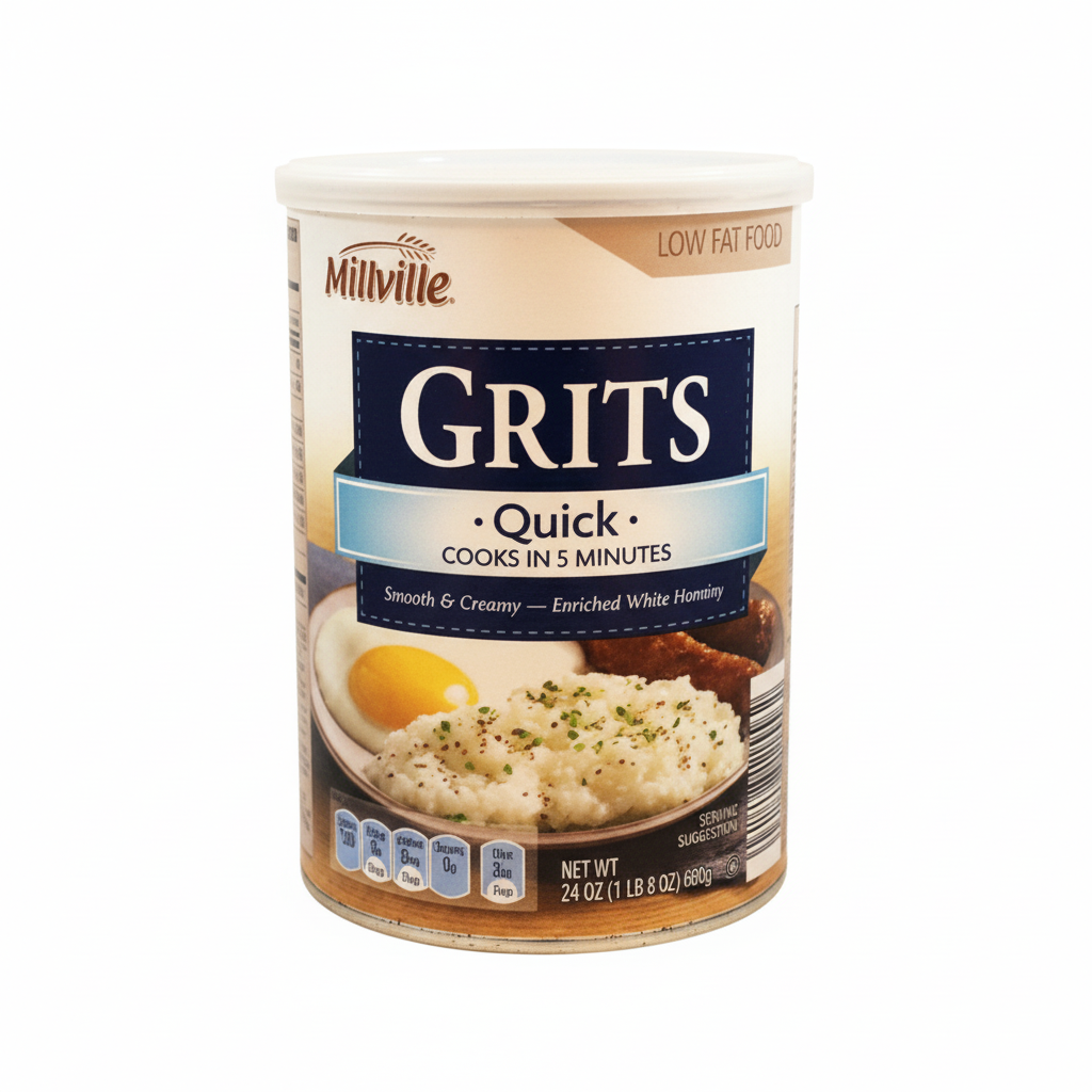 Millville Quick Grits 24oz canister front view with white lid and grits bowl imagery